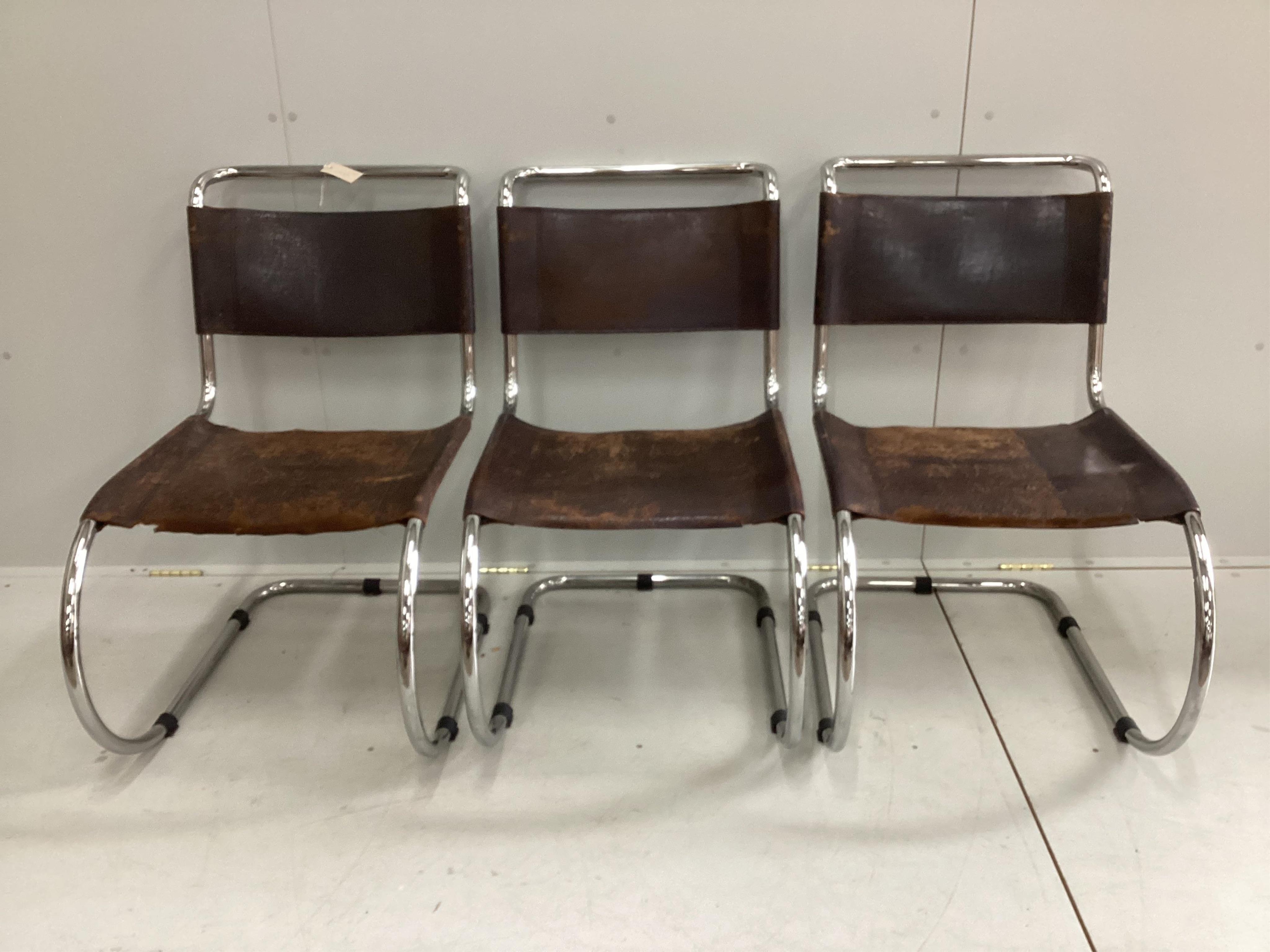 Mies Van Der Rohe for Thonet, a set of six mid century MR10 cantilever chairs with tan leather pads, width 50cm, depth 74cm, height 82cm. Condition - fair